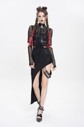 Black Stand Collar Long Sleeves Stitching Lace-Up Mesh Women's Punk Dress with Detachable Strap